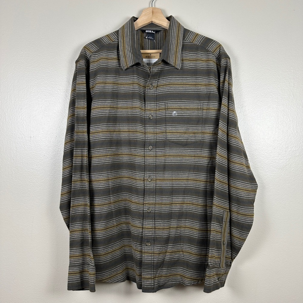 Eddie Bauer Men's L Flannel Flex Shirt Dark Fatigue Striped Button Down NEW